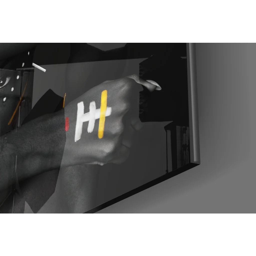 Hand with yellow hashtag on knuckles in bold geometric wall art