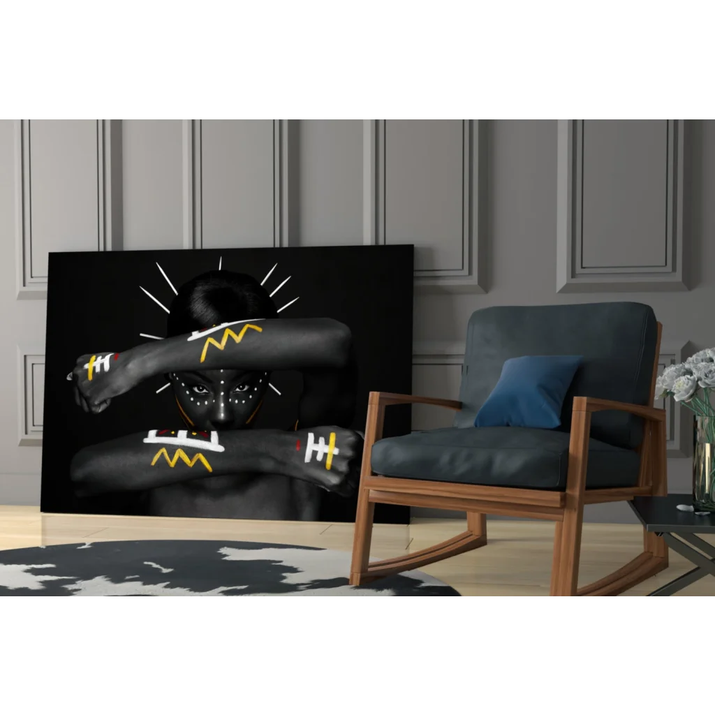 Bold yellow geometric portrait on black canvas wall art