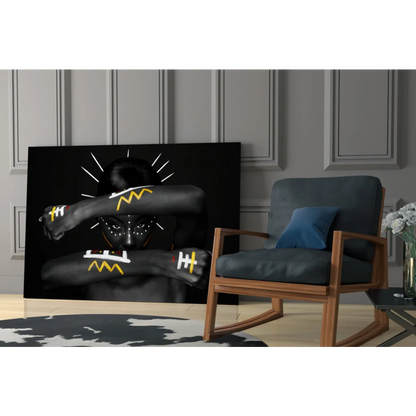 Bold yellow geometric portrait on black canvas wall art