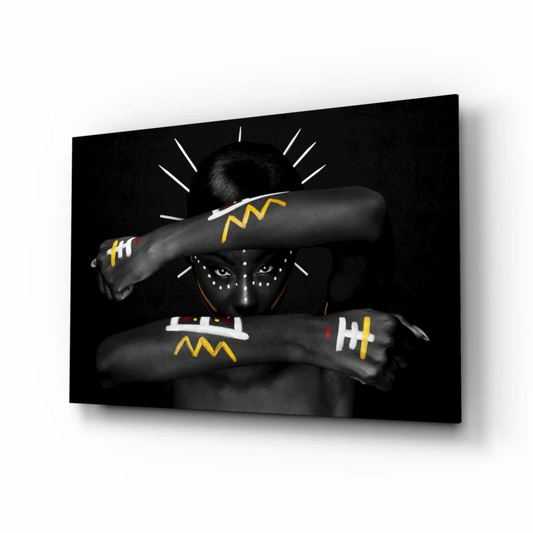 Bold yellow geometric portrait on black canvas wall art