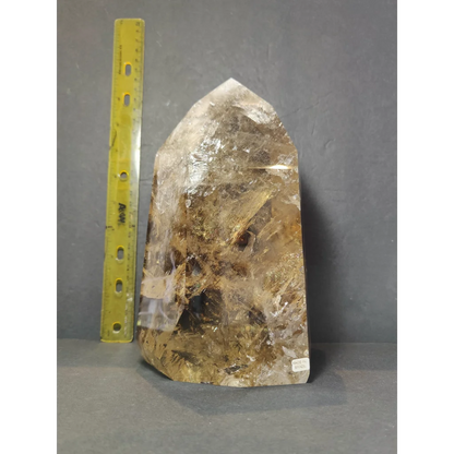 Natural citrine polished point 4.53kg translucent golden-brown smoky quartz crystal with natural inclusions beside a ruler