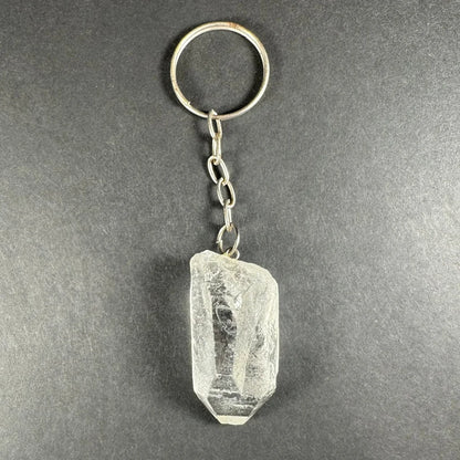 Clear quartz crystal keychain with silver ring and chain