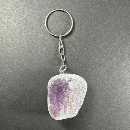 Polished irregular amethyst crystal keychain with silver ring and chain