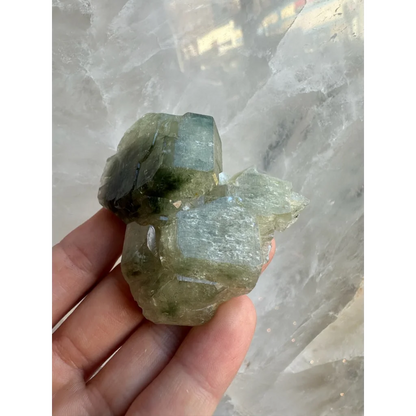 Hand holding natural fluorapatite cluster green crystal specimen
