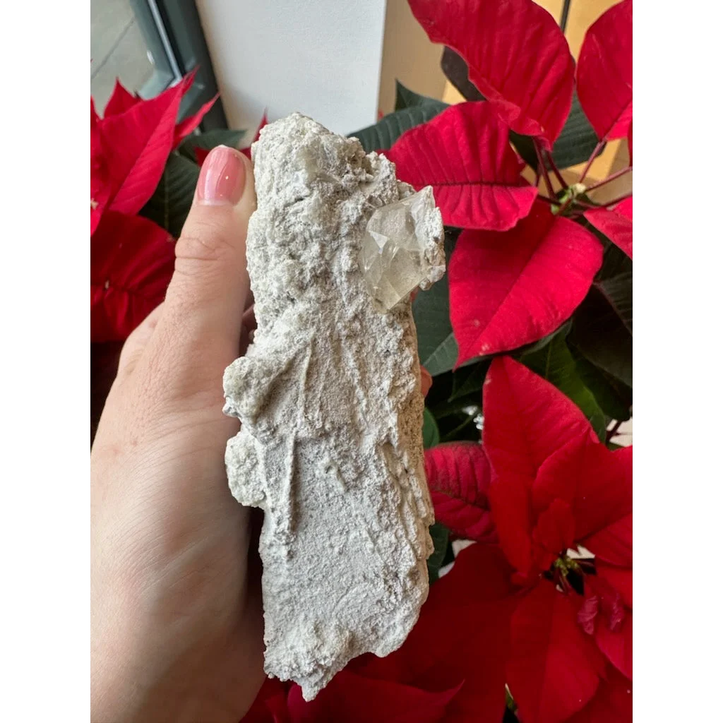 Hand holding natural quartz crystal on elmwood calcite rock specimen