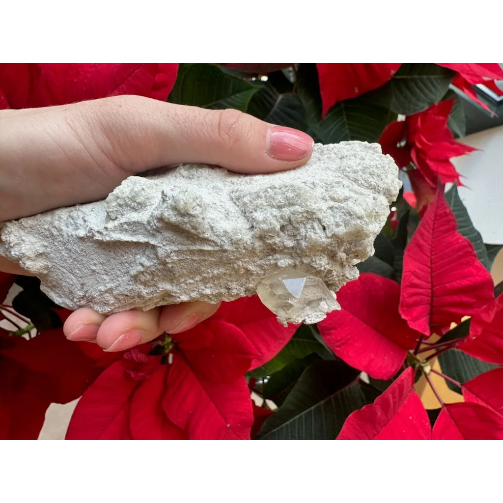 Hand holding natural elmwood calcite rock with quartz crystal
