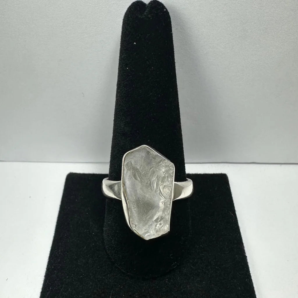 Natural rough quartz ring with clear faceted stone in silver band size 11
