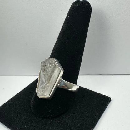 Silver rough quartz ring with natural quartz stone in size 11