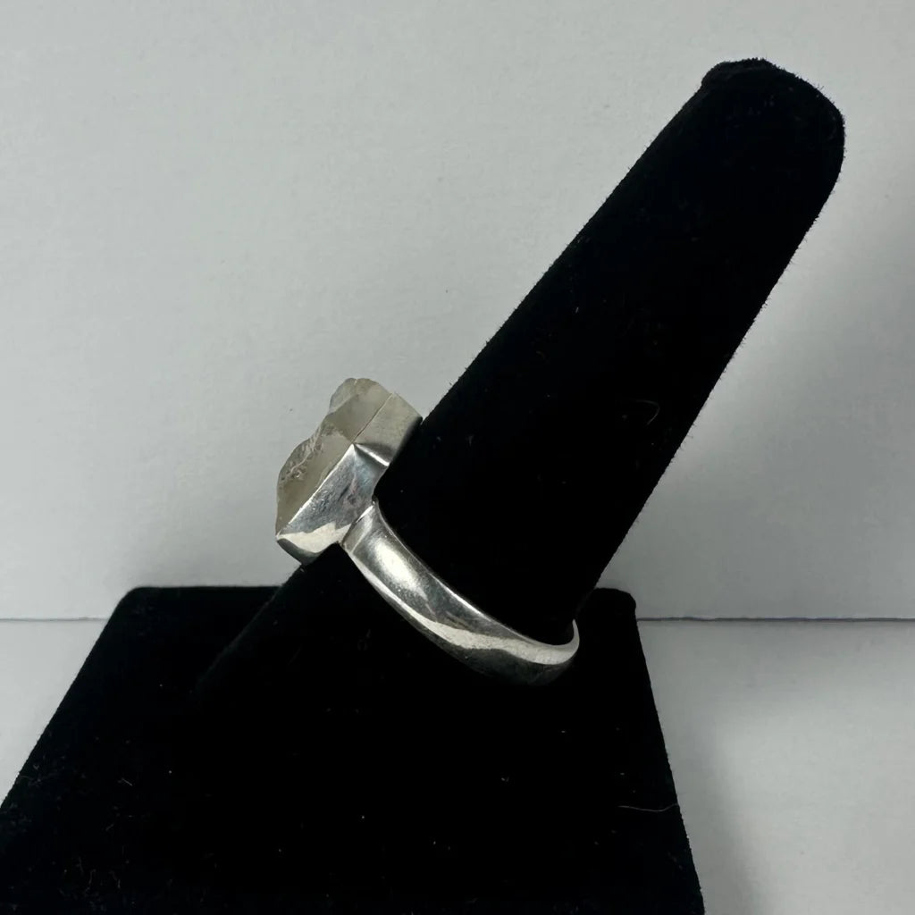Natural rough quartz ring in sterling silver with faceted geometric stone