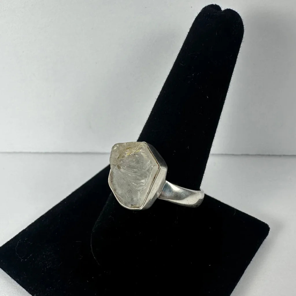 Natural rough quartz ring in sterling silver with faceted crystal
