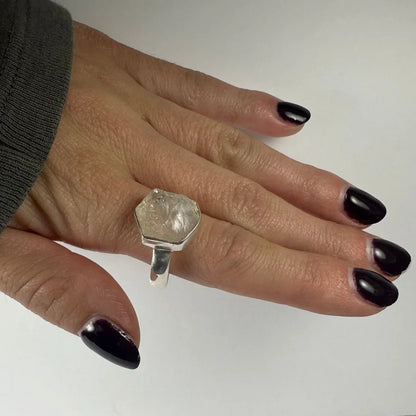 Natural rough quartz ring in sterling silver with faceted clear stone