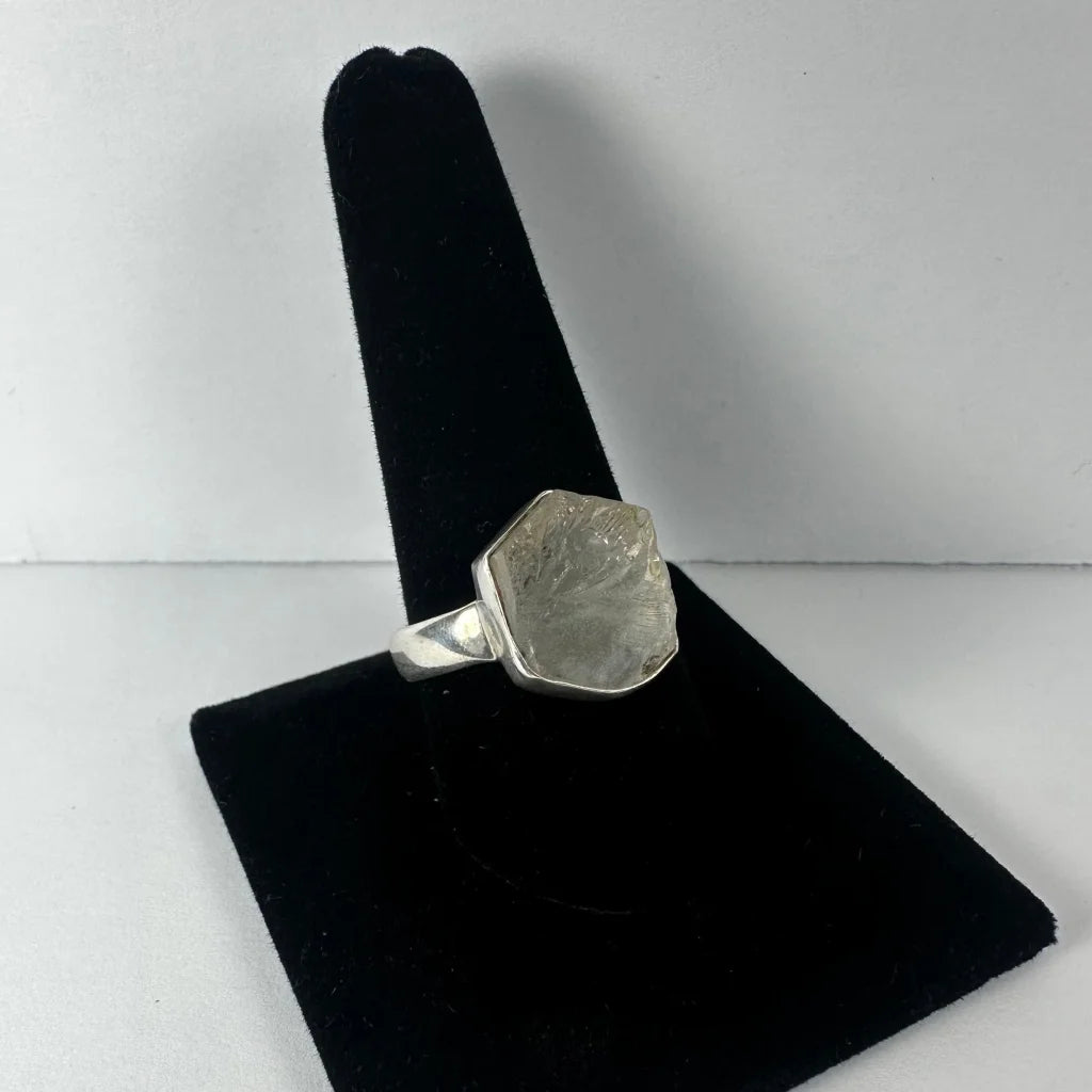 Natural rough quartz ring in sterling silver with translucent stone