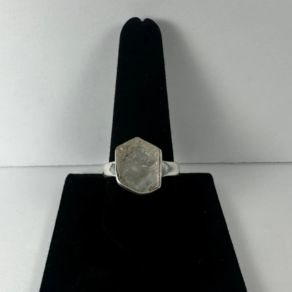 Natural rough quartz ring in sterling silver with hexagonal gem