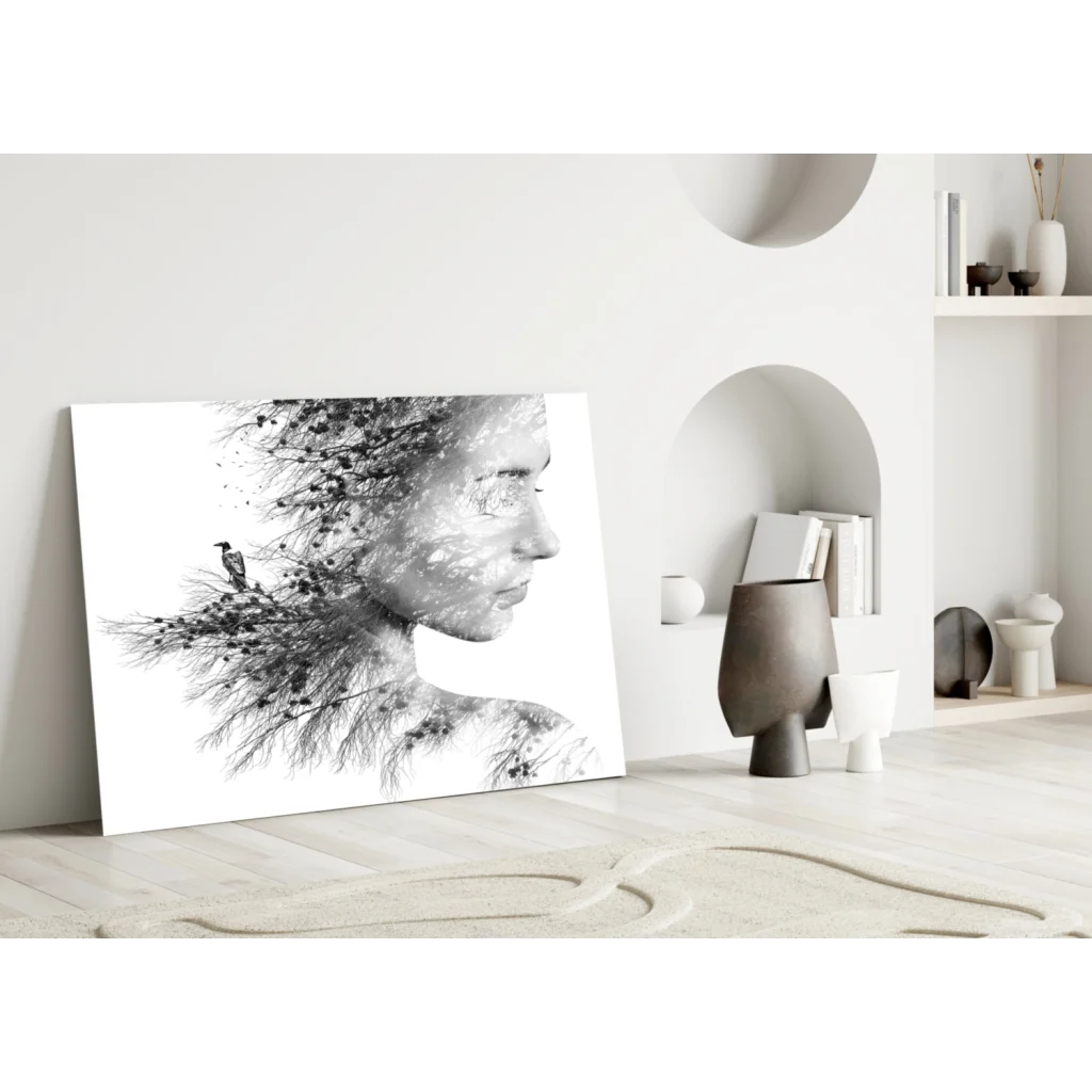 Black and white canvas wall art of woman with tree branches in hair