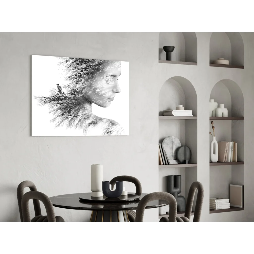 Black-and-white double-exposure woman portrait wall art with birds and trees