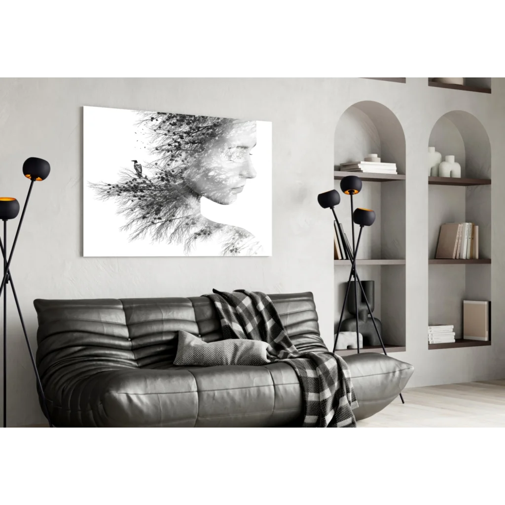 Black-and-white nature portrait wall art canvas with bird in foliage hair