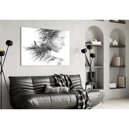 Black-and-white nature portrait wall art canvas with bird in foliage hair