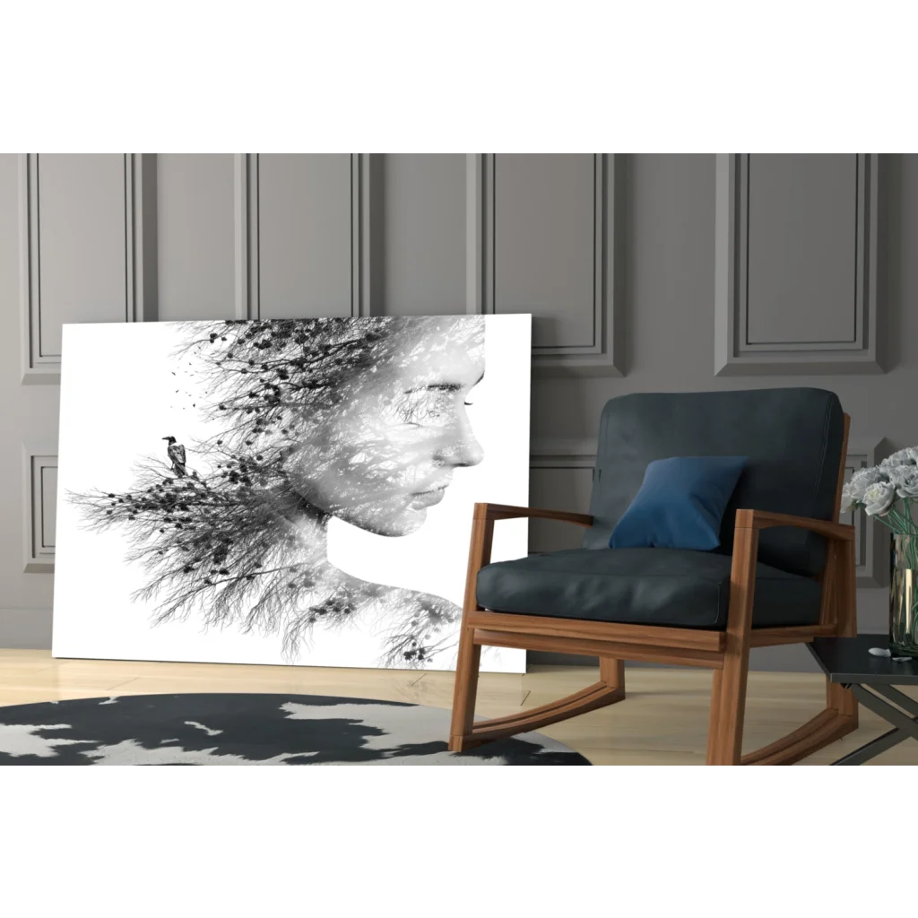 Black and white nature portrait wall art canvas with bird and trees