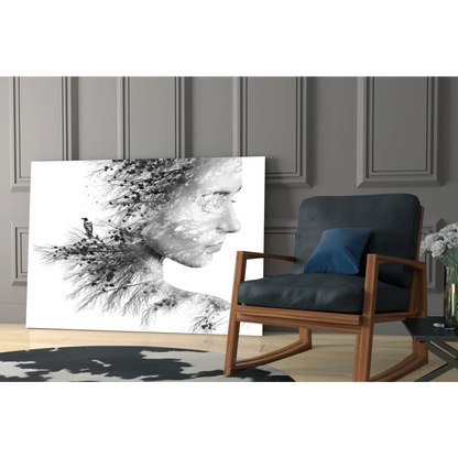 Black and white nature portrait wall art canvas with bird and trees