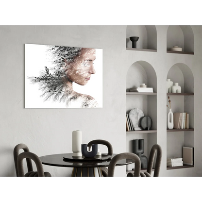 Minimalist black and white nature portrait wall art with birds and trees