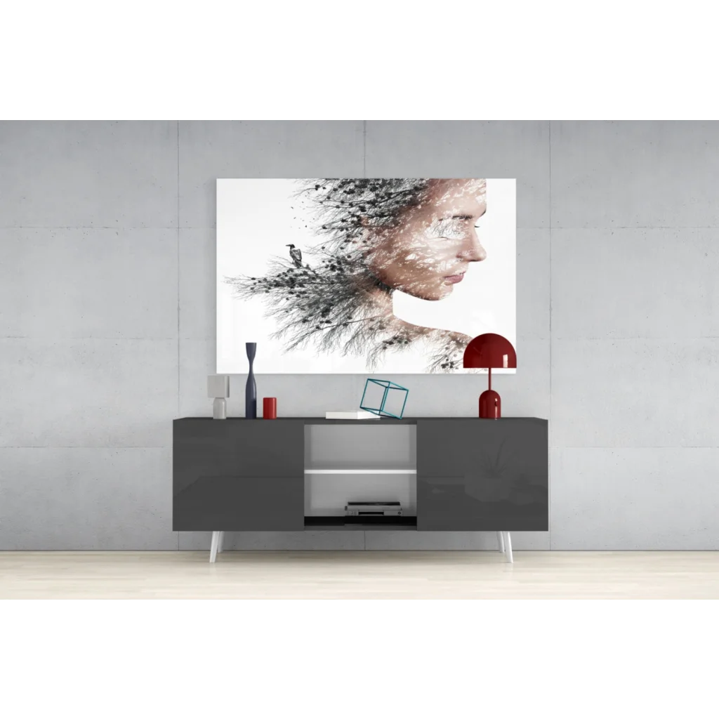 Modern gray console table with white legs under Nature Portrait wall art