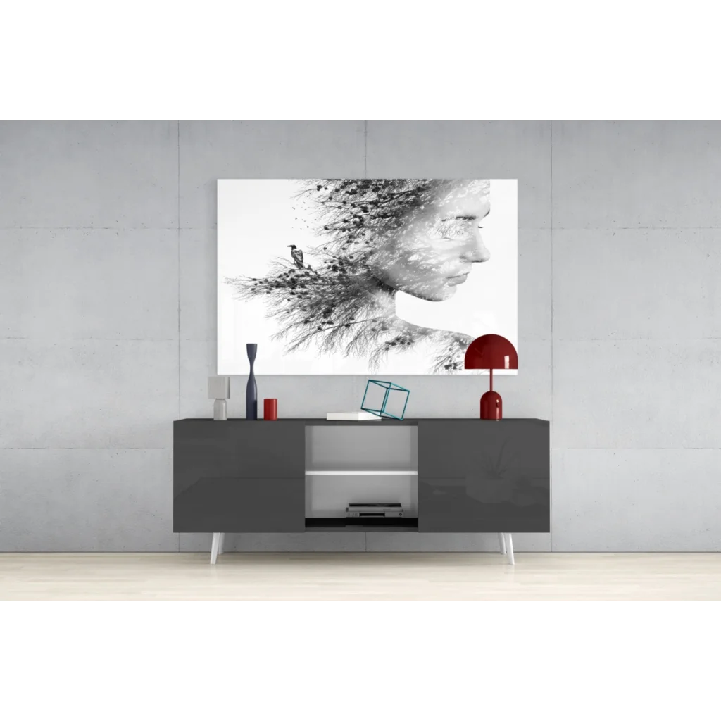 Sleek gray sideboard with white legs under Nature Portrait bird trees wall art