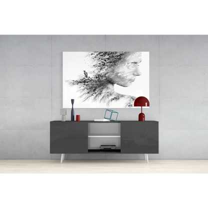 Sleek gray sideboard with white legs under Nature Portrait bird trees wall art