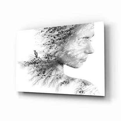 Black-and-white double exposure wall art canvas print of womans profile with tree branches and bird