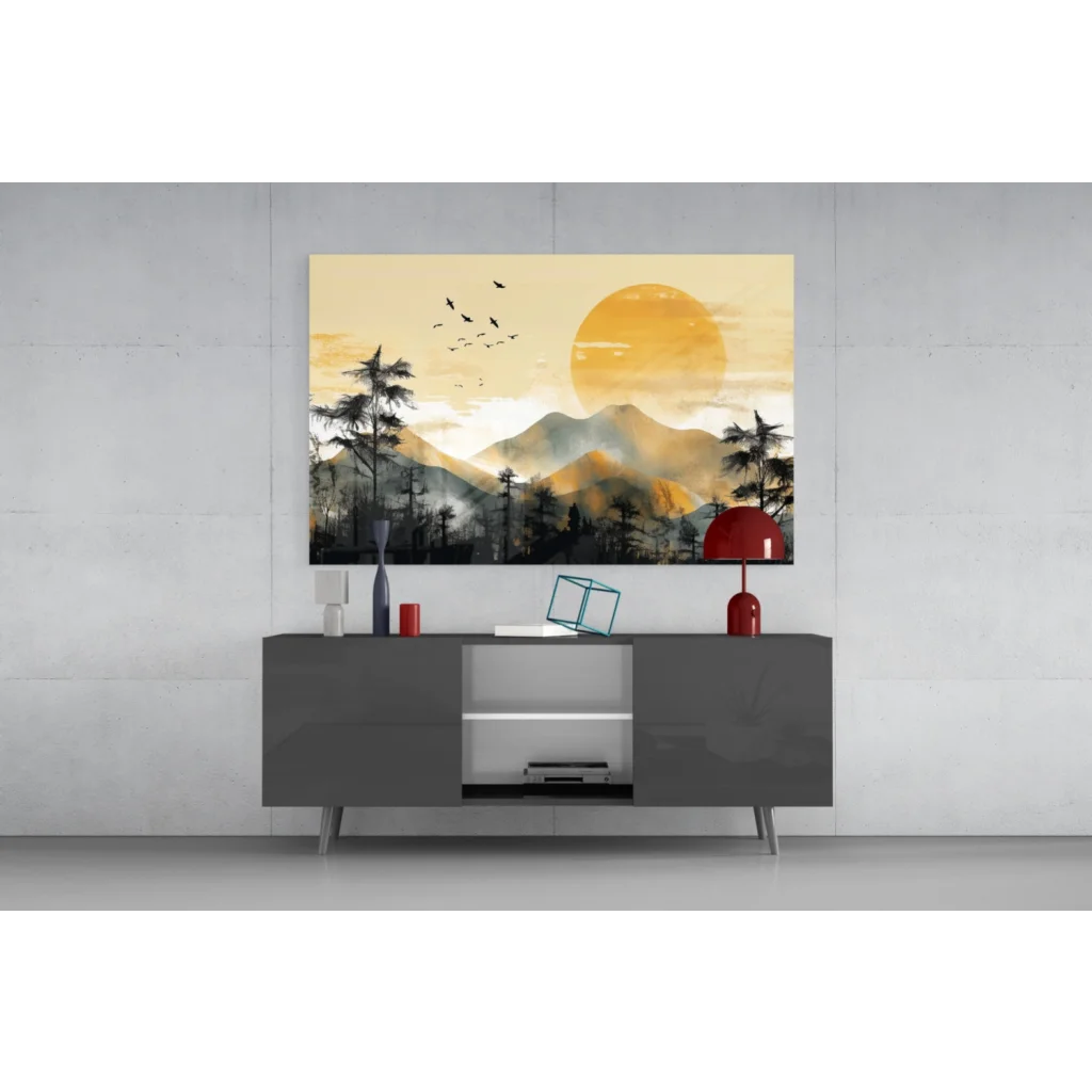 Serene mountain sunset glass wall art with silhouetted trees and birds