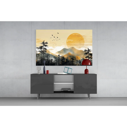 Serene mountain sunset glass wall art with silhouetted trees and birds