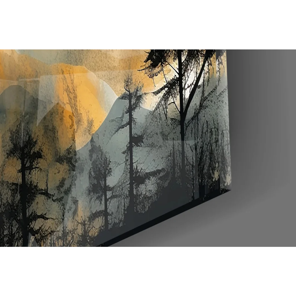 Abstract silhouetted trees in gold-gray mountain sunset glass wall art