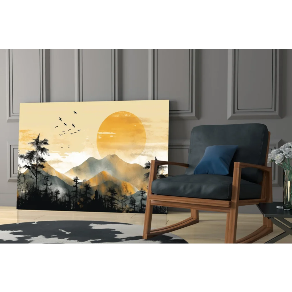 Serene mountain sunset glass wall art canvas print