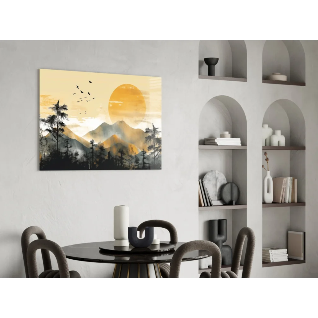 Serene mountain sunset glass wall art with silhouetted trees