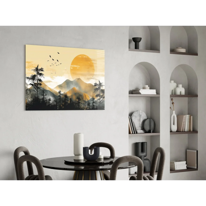 Serene mountain sunset glass wall art with silhouetted trees