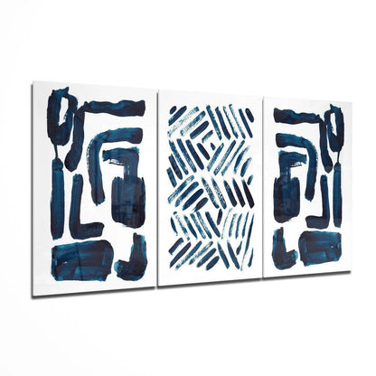 Navy blue abstract triptych wall art canvas set with geometric patterns
