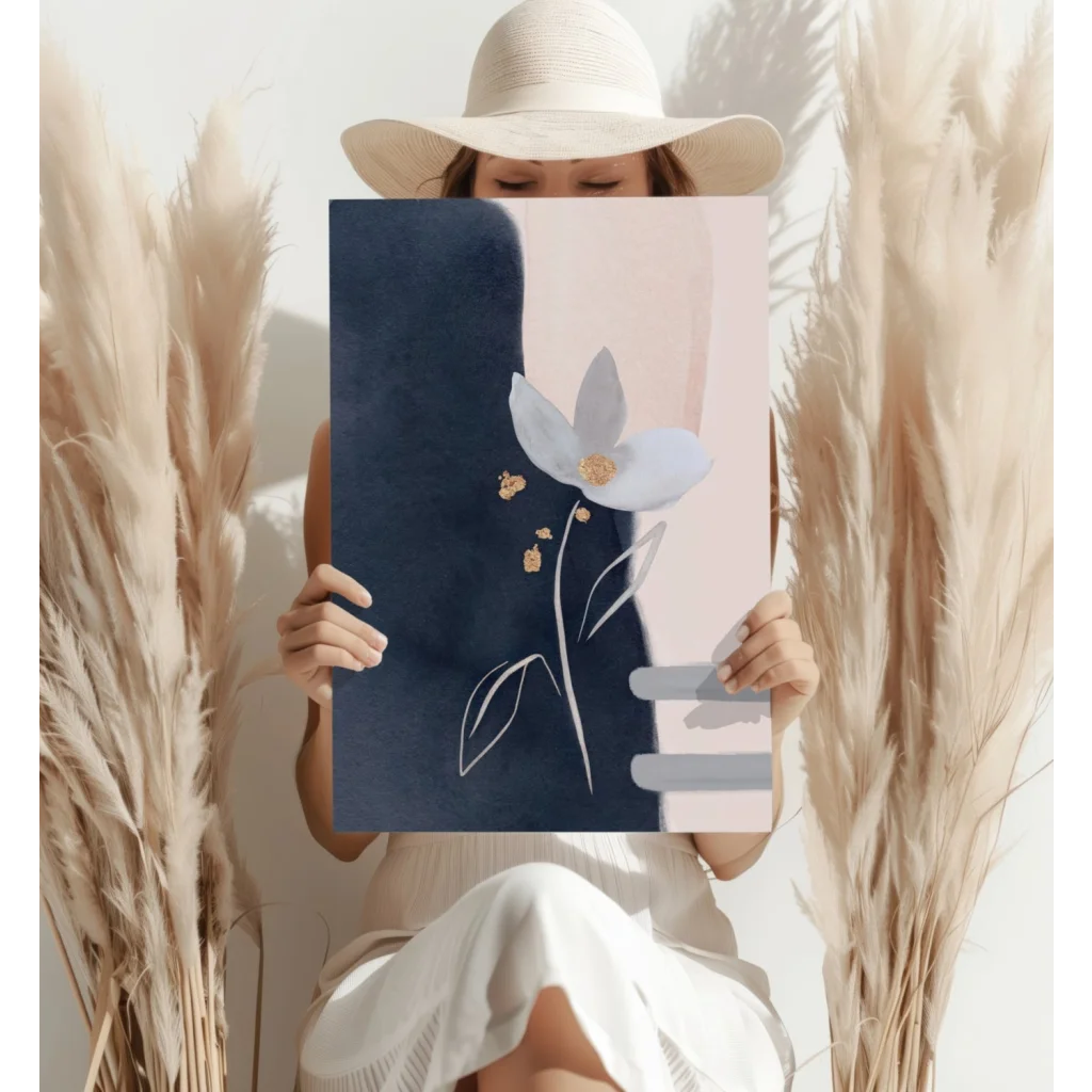 Navy blue and blush pink abstract floral print on aluminum with gold accents