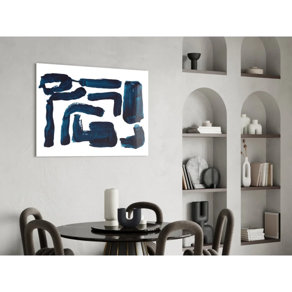 Navy blue geometric glass wall art print in black frame on white background