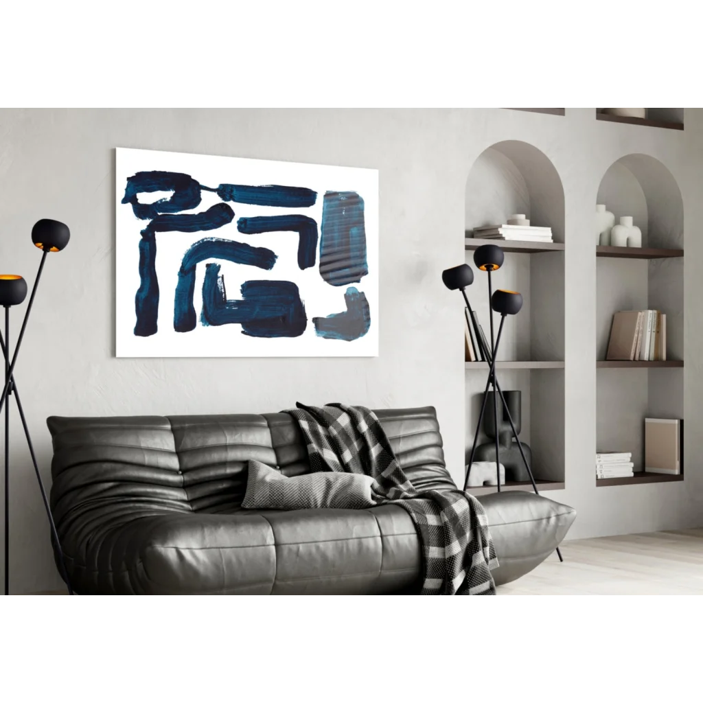 Navy blue geometric glass wall art print on textured canvas