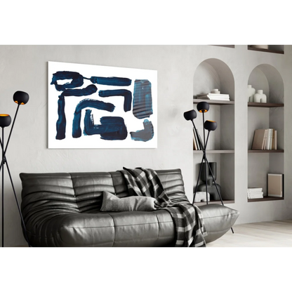 Navy blue geometric glass wall art print on textured canvas