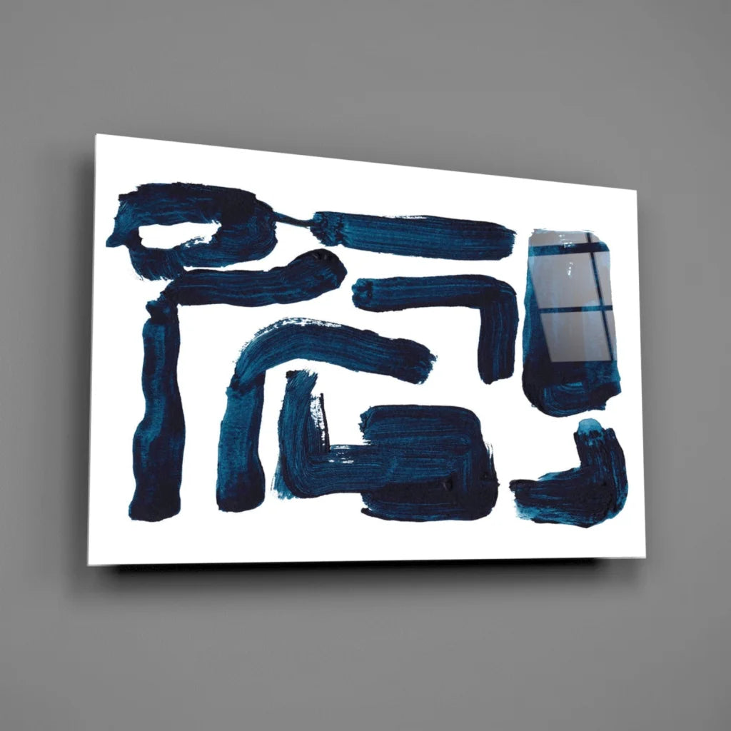 Navy blue geometric glass wall art print on white background