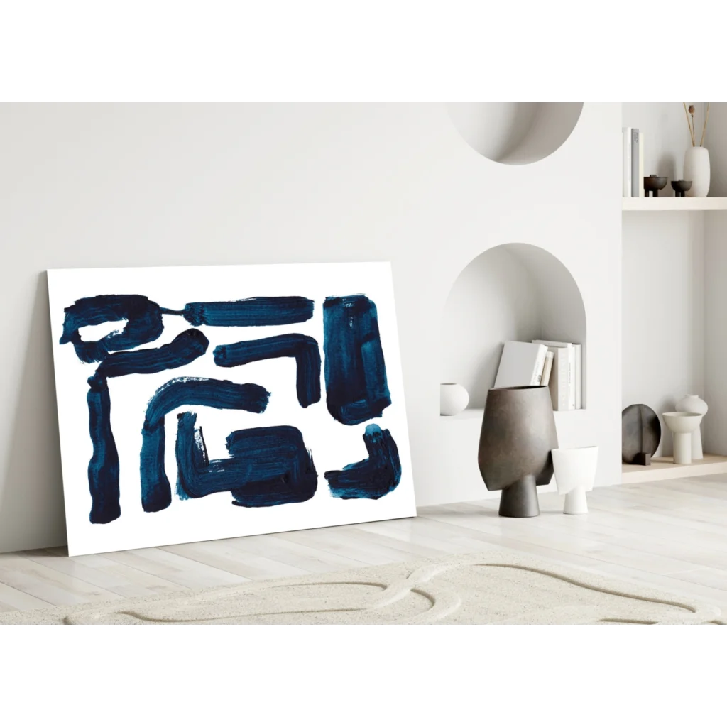 Navy blue geometric glass wall art print on white background