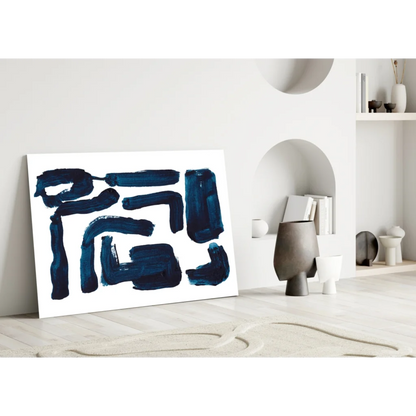 Navy blue geometric glass wall art print on white background