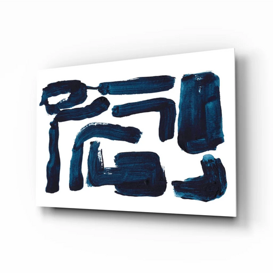 Navy blue geometric glass wall art print on white background
