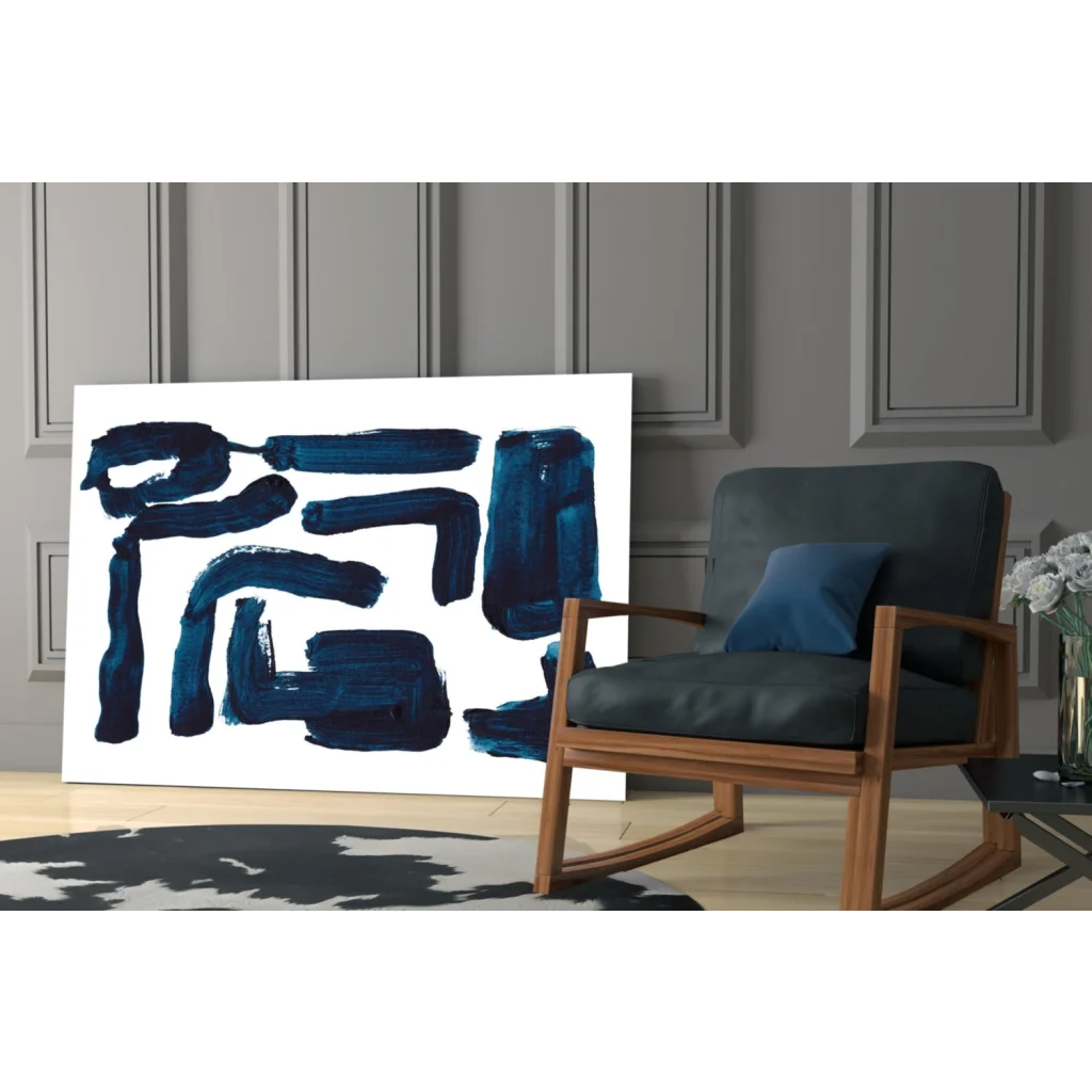 Navy blue geometric glass wall art print in wooden frame on white background