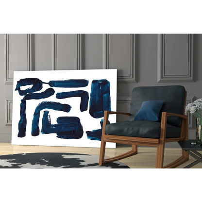 Navy blue geometric glass wall art print in wooden frame on white background