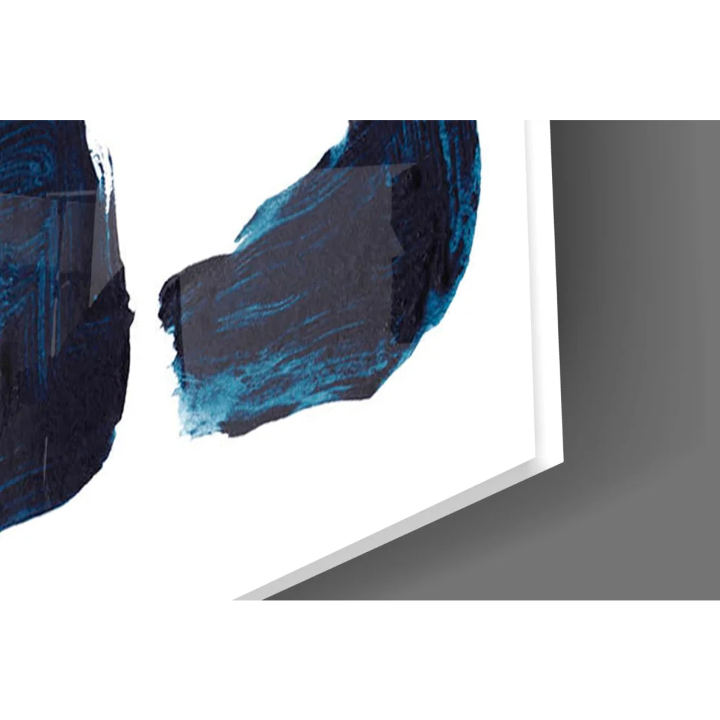 Navy blue geometric glass wall art with abstract blue painting