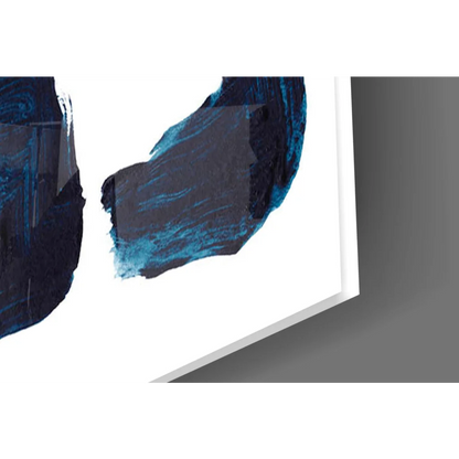 Navy blue geometric glass wall art with abstract blue painting