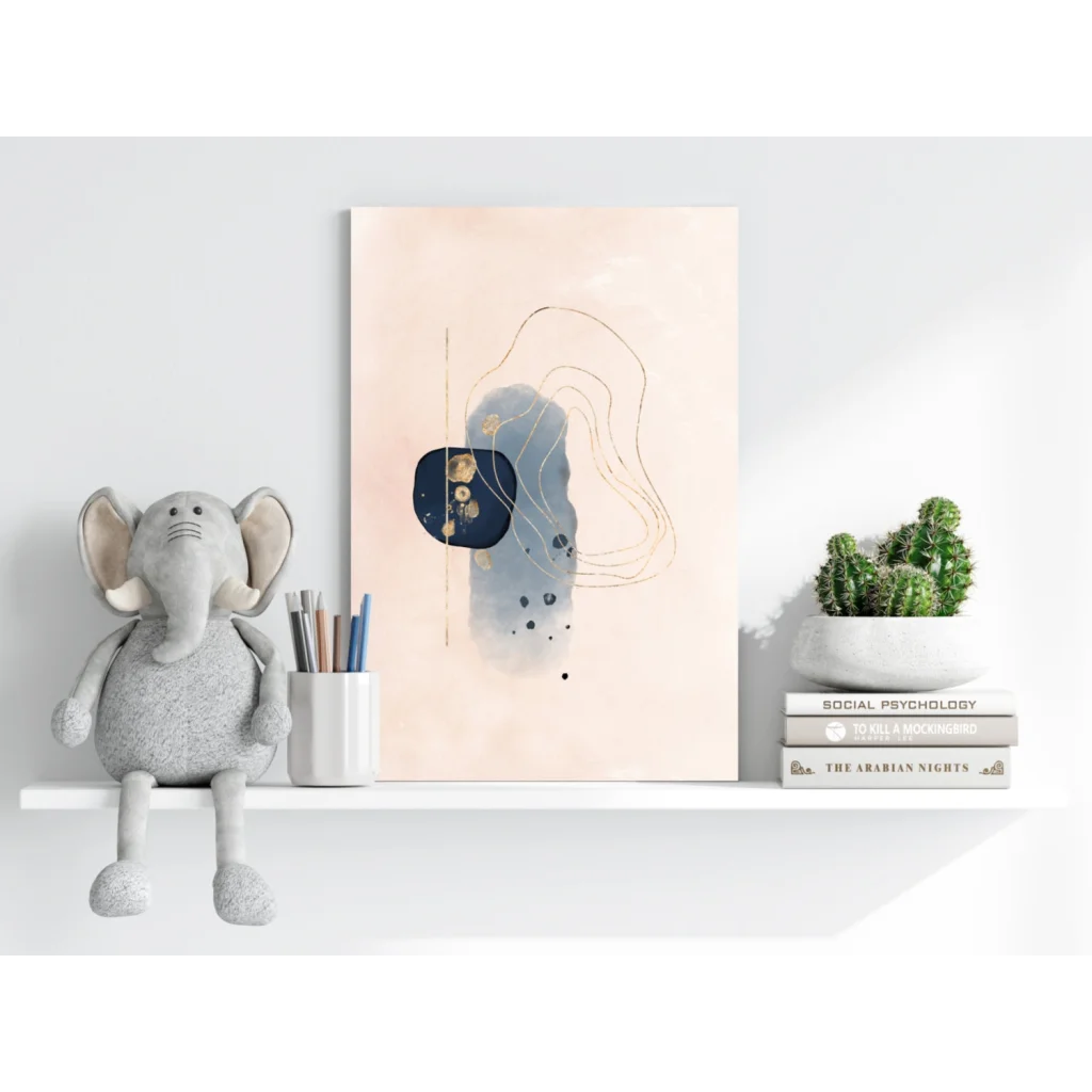 Navy blue gold abstract aluminum wall art print on soft peach canvas