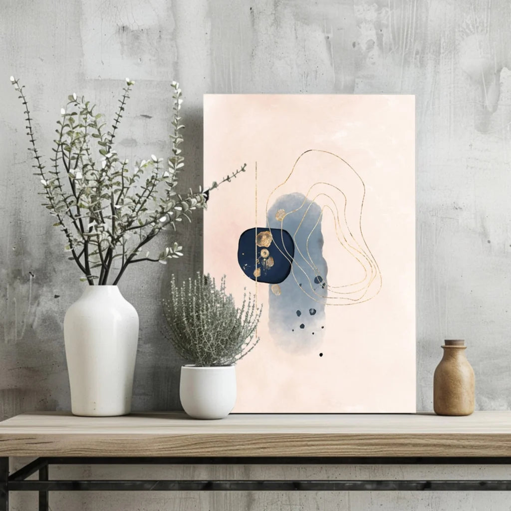 Navy blue gold abstract aluminum wall art print with blush background