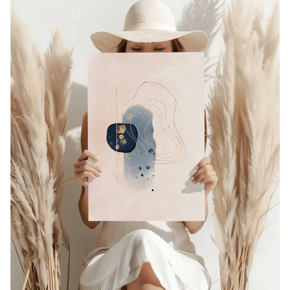 Navy blue gold abstract aluminum wall art print with blush background